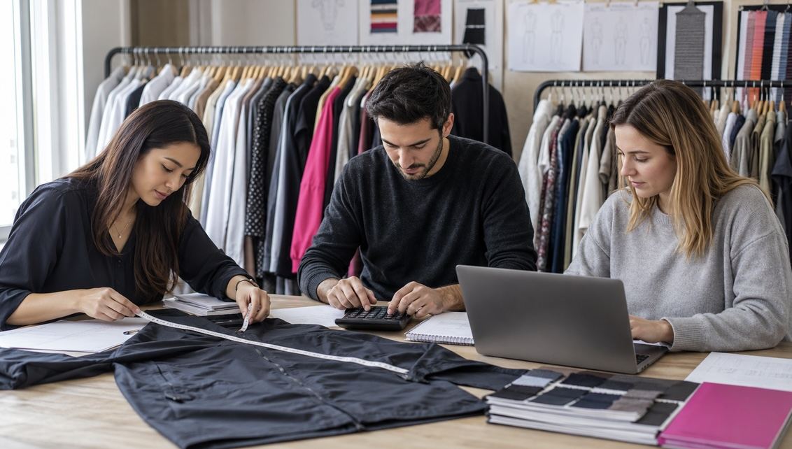 A costing, planning and buying team working together over garments and fabric swatches
